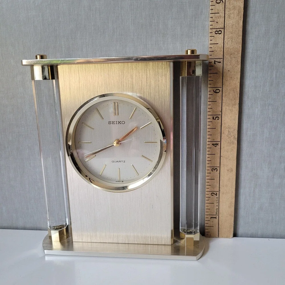 Vintage Seiko Quartz Desk Clock Lucite Pillars Gold Tone Mantel Clock MCM Japan